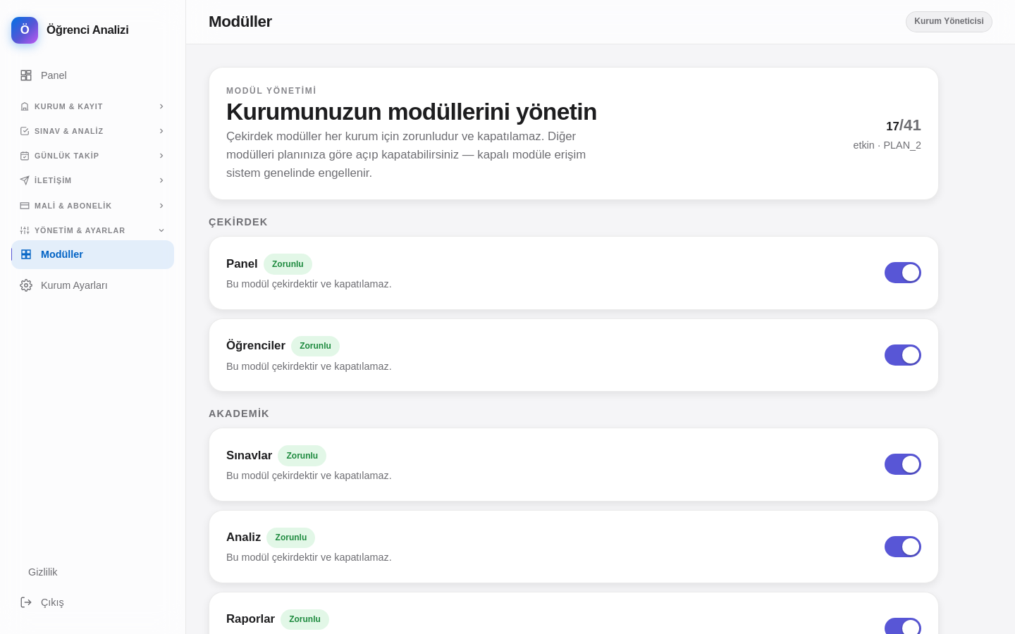 Öğrenci Analizi modül yönetimi ekranı